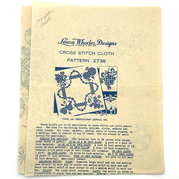 Laura Wheeler Vintage Copr.1941 Cross Stitch Transfer Pattern Design #2738 Fruit - Picture 1 of 7